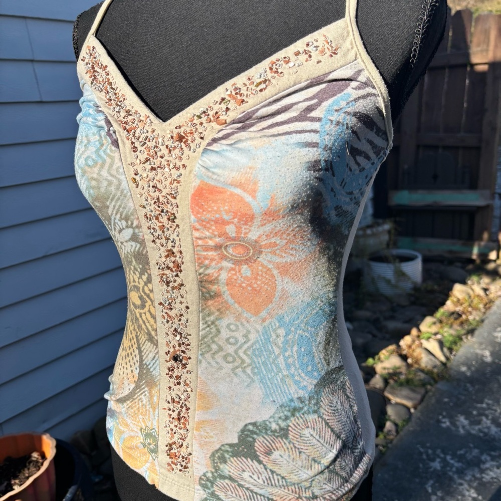 XOXO Vintage Nude Beaded Tank Top Floral Print Y2K Size Medium - Picture 14 of 16